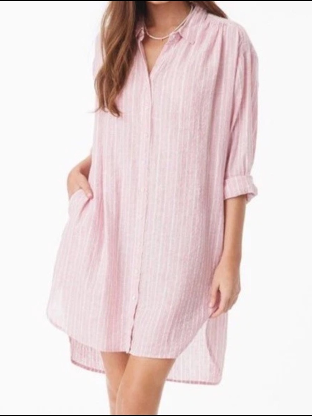 Xirena Macyn Shirt Dress Size Medium Rose Gold Stripes Button Up Cotton Linen